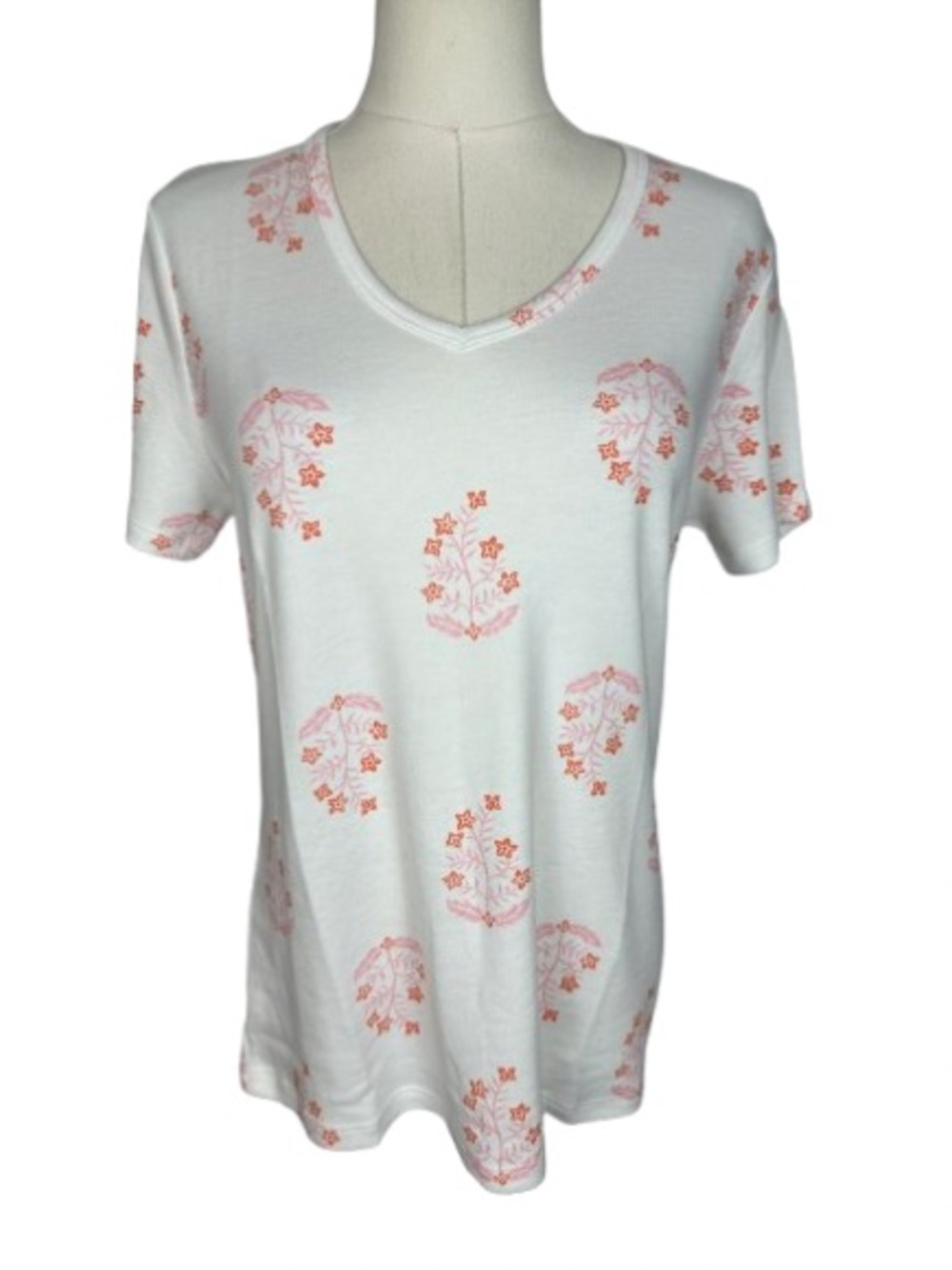 Style & Co. White V-Neck Short Sleeve Tee with Coral Floral Motif Size S